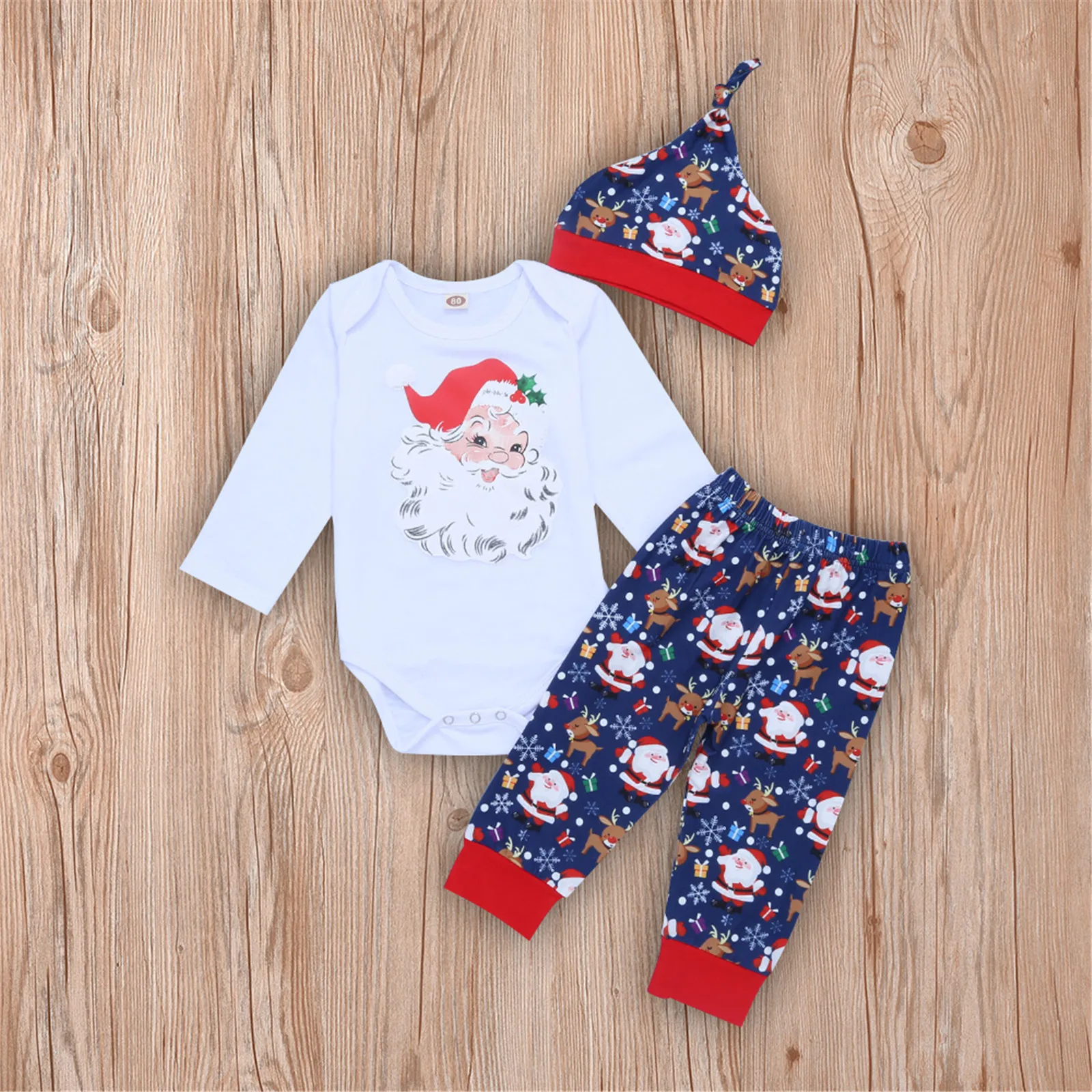 

0-18Months Fashion Children's Long Sleeve Santa's Three Piece Baby Romper Suit новогодняя апка Santa Claus print fashion M5